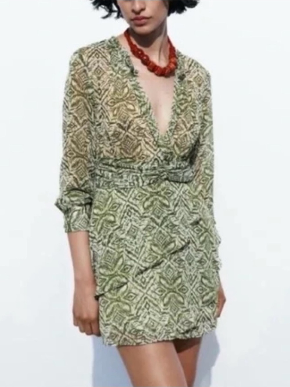 NWOT! ZARA Khaki Green Printed Long Sleeve Mini Dress Plunge Neck Size M